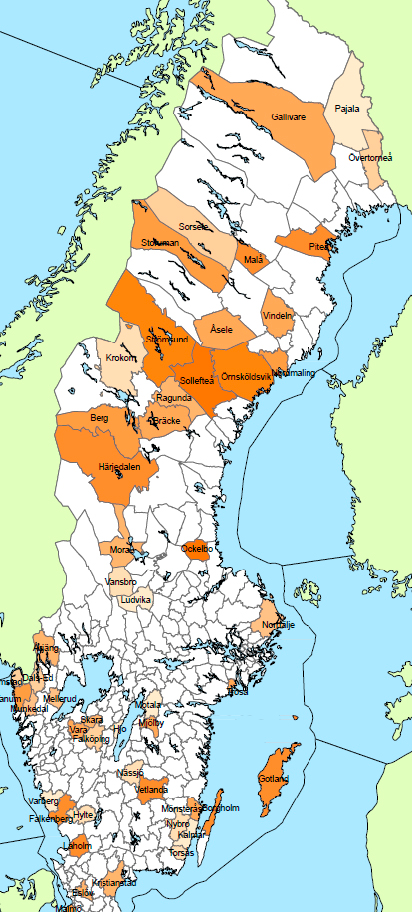 3.5 Kommunkarta för de 50 största vindkraftkommunerna Kartan utgår från kommunlistan publicerad på