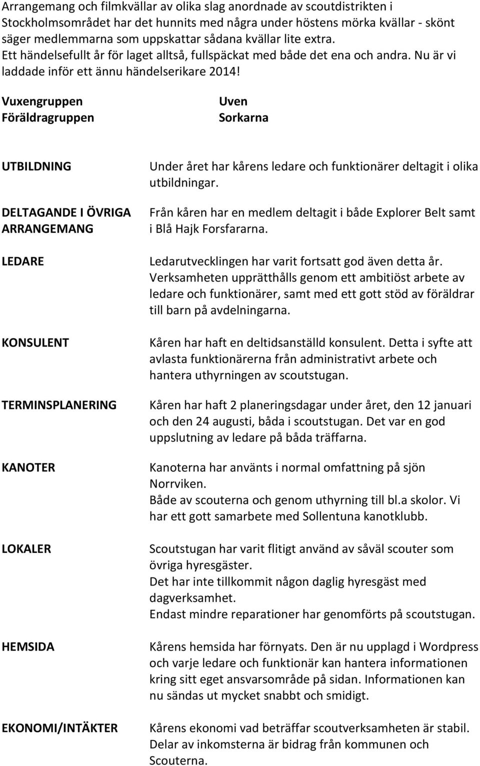 Vuxengruppen Föräldragruppen Uven Sorkarna UTBILDNING DELTAGANDE I ÖVRIGA ARRANGEMANG LEDARE KONSULENT TERMINSPLANERING KANOTER LOKALER HEMSIDA EKONOMI/INTÄKTER Under året har kårens ledare och