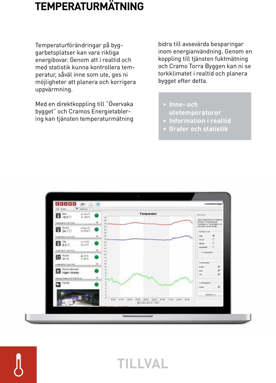 Med en direktkoppling till Övervaka bygget och Cramos Energietablering kan tjänsten temperaturmätning bidra till avsevärda besparingar inom