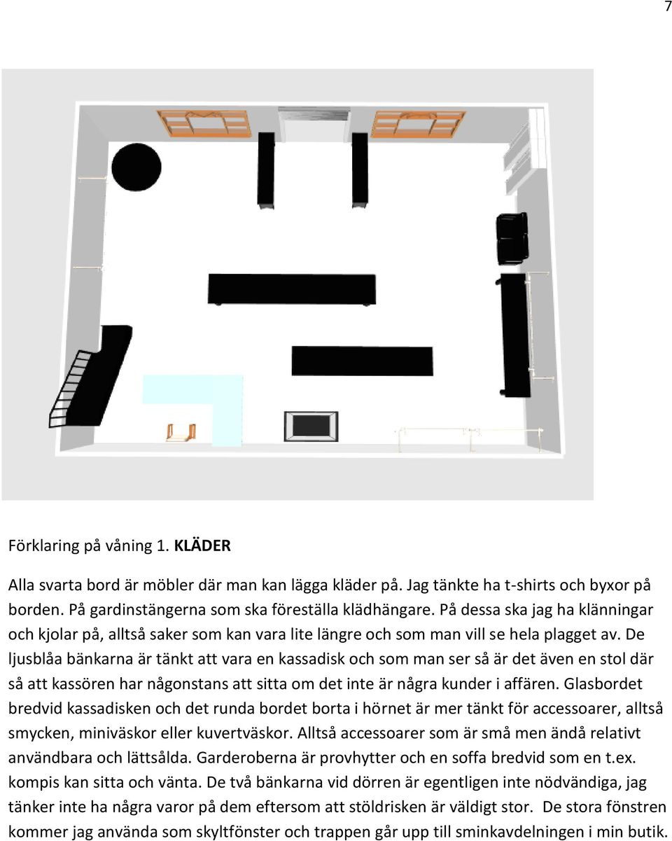 De ljusblåa bänkarna är tänkt att vara en kassadisk och som man ser så är det även en stol där så att kassören har någonstans att sitta om det inte är några kunder i affären.