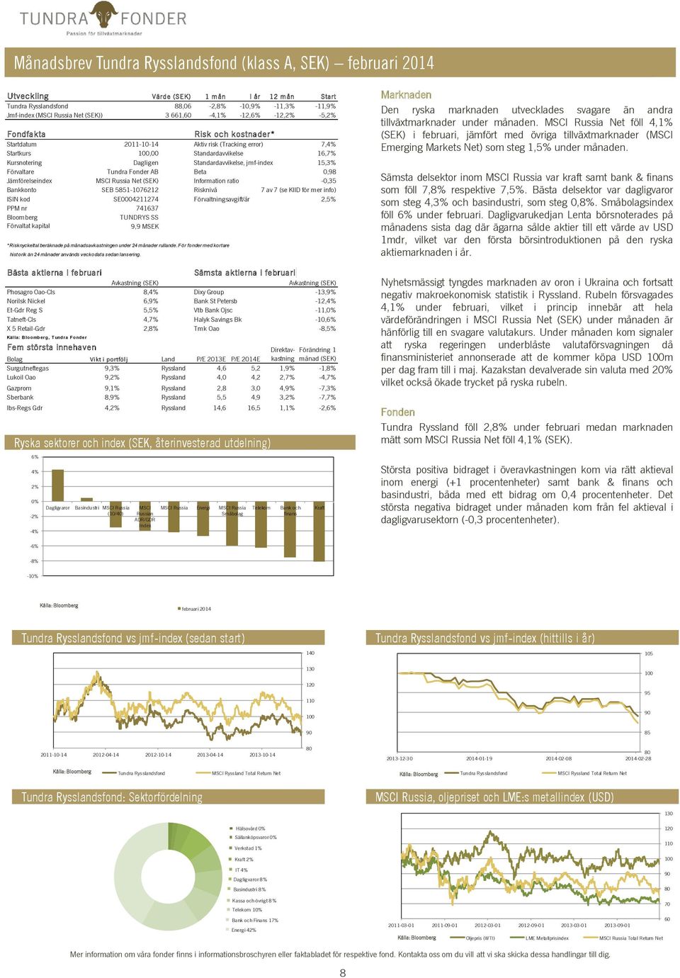 Förvaltare Tundra Fonder AB Beta 0,98 Jämförelseindex MSCI Russia Net (SEK) Information ratio -0,35 Bankkonto SEB 5851-1076212 Risknivå 7 av 7 (se KIID för mer info) ISIN kod SE0004211274