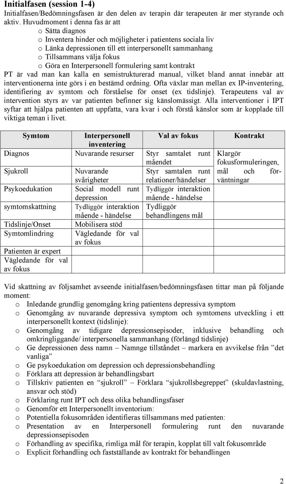 Interpersonell formulering samt kontrakt PT är vad man kan kalla en semistrukturerad manual, vilket bland annat innebär att interventionerna inte görs i en bestämd ordning.