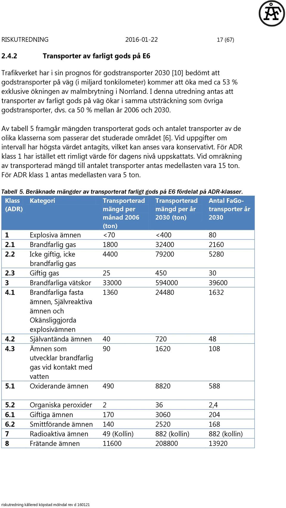 ökningen av malmbrytning i Norrland. I denna utredning antas att transporter av farligt gods på väg ökar i samma utsträckning som övriga godstransporter, dvs. ca 50 % mellan år 2006 och 2030.