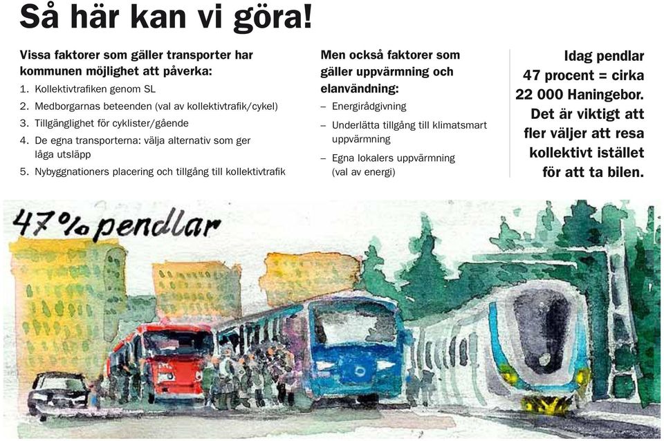 Nybyggnationers placering och tillgång till kollektivtrafik Men också faktorer som gäller uppvärmning och elanvändning: Energirådgivning Underlätta tillgång