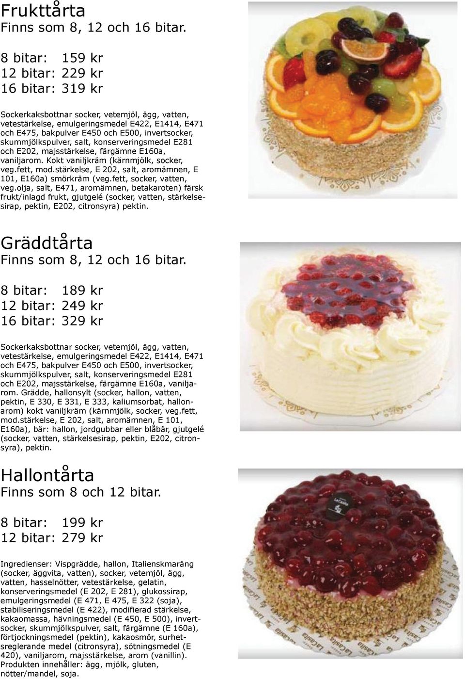 olja, salt, E471, aromämnen, betakaroten) färsk frukt/inlagd frukt, gjutgelé (socker, vatten, stärkelsesirap, pektin, E202, citronsyra) pektin.