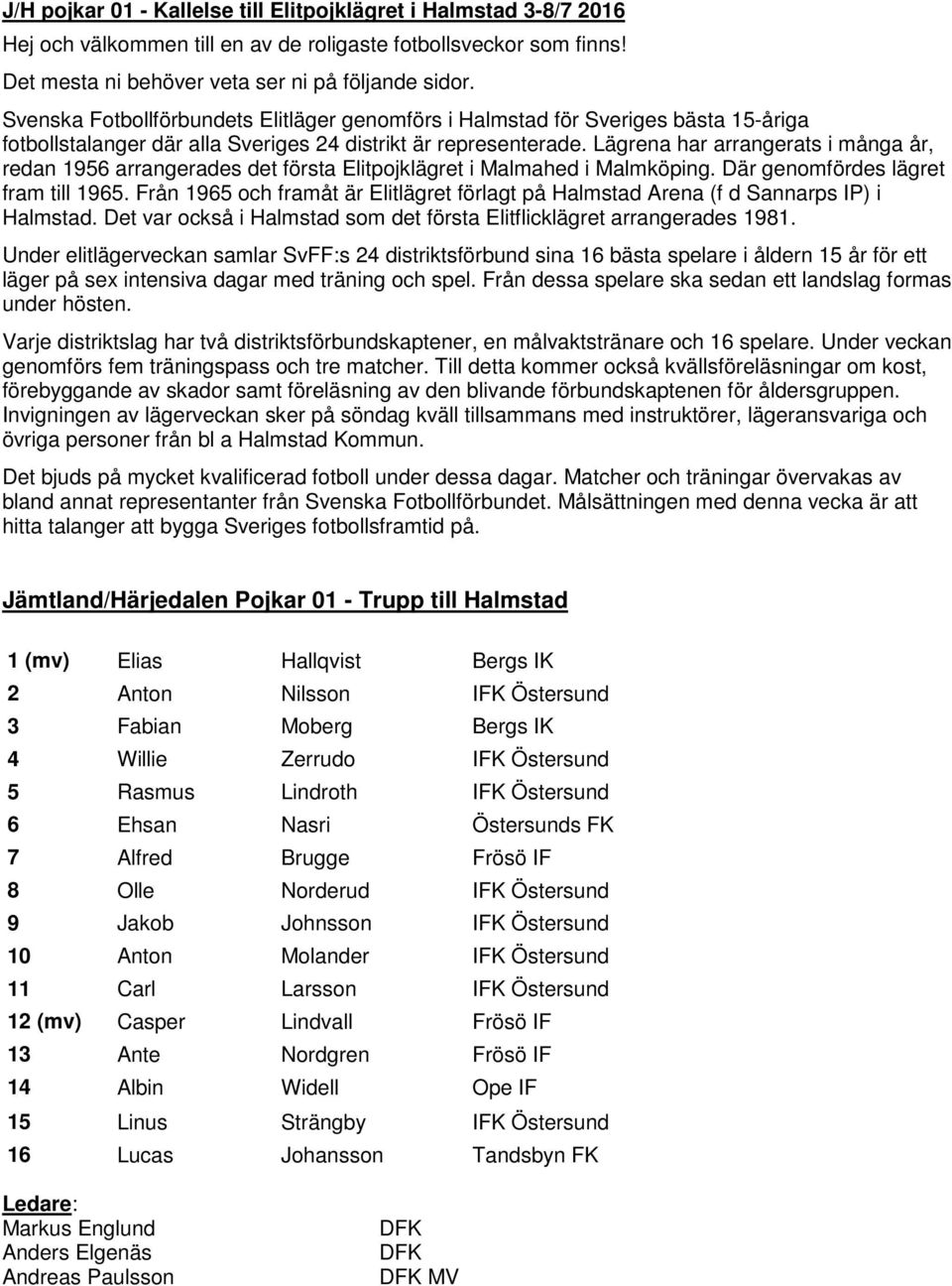 Lägrena har arrangerats i många år, redan 1956 arrangerades det första Elitpojklägret i Malmahed i Malmköping. Där genomfördes lägret fram till 1965.