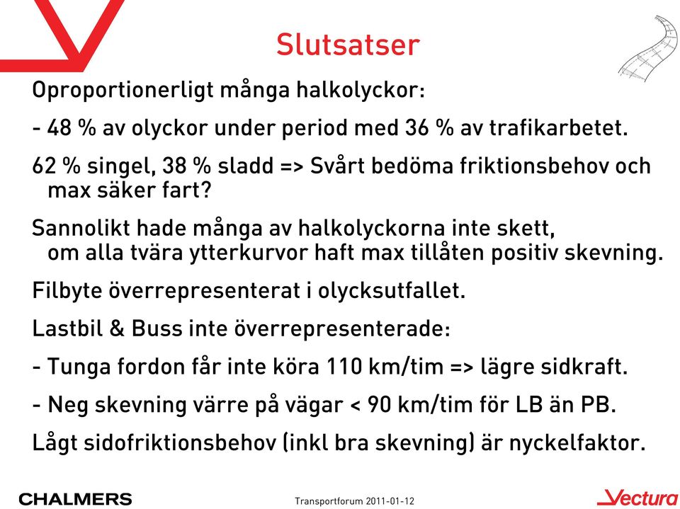 Sannolikt hade många av halkolyckorna inte skett, om alla tvära ytterkurvor haft max tillåten positiv skevning.