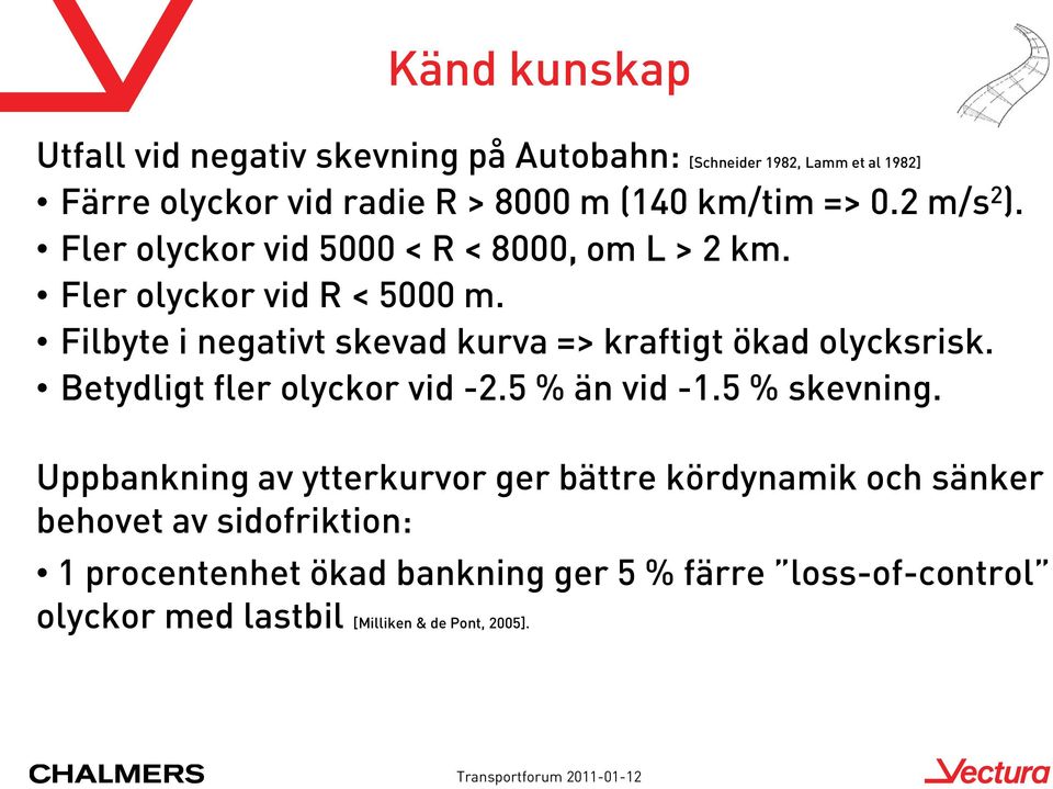 Filbyte i negativt skevad kurva => kraftigt ökad olycksrisk. Betydligt fler olyckor vid -2.5 % än vid -1.5 % skevning.