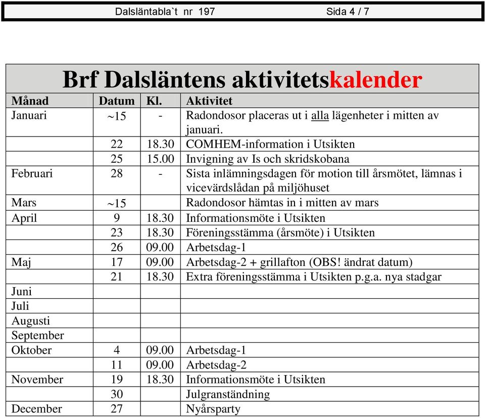 00 Invigning av Is och skridskobana Februari 28 - Sista inlämningsdagen för motion till årsmötet, lämnas i vicevärdslådan på miljöhuset Mars 15 Radondosor hämtas in i mitten av mars April 9 18.