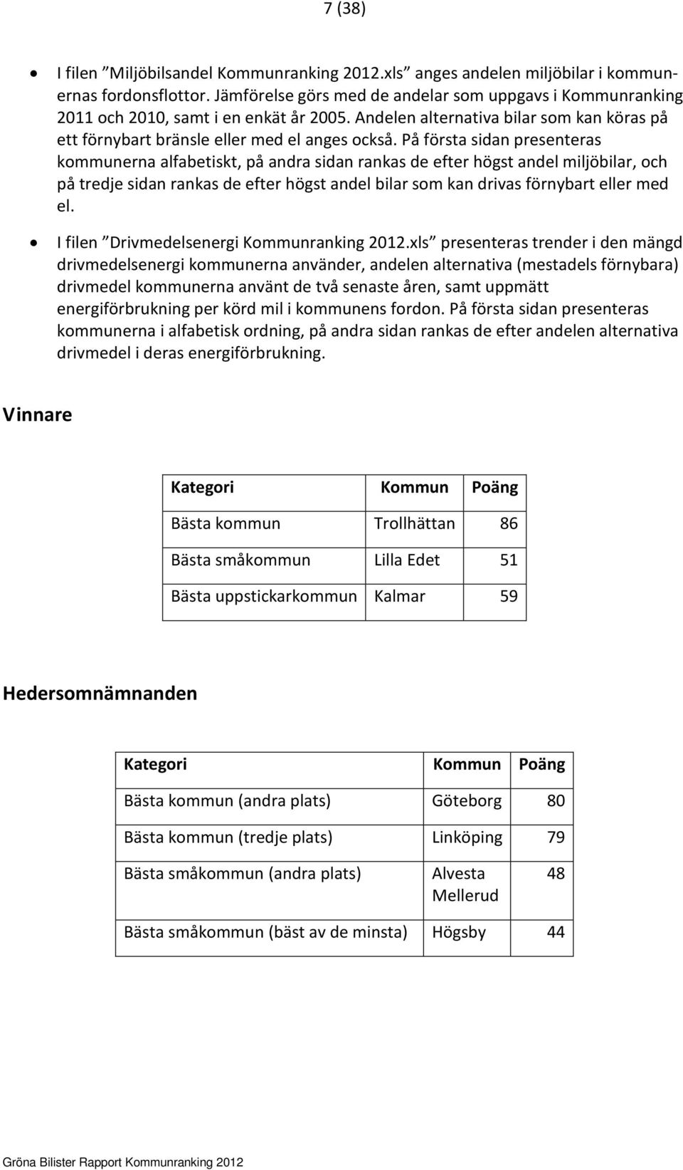 På första sidan presenteras kommunerna alfabetiskt, på andra sidan rankas de efter högst andel miljöbilar, och på tredje sidan rankas de efter högst andel bilar som kan drivas förnybart eller med el.