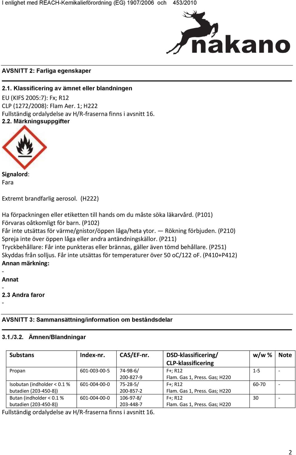 (H222) Ha förpackningen eller etiketten till hands om du måste söka läkarvård. (P101) Förvaras oåtkomligt för barn. (P102) Får inte utsättas för värme/gnistor/öppen låga/heta ytor. Rökning förbjuden.