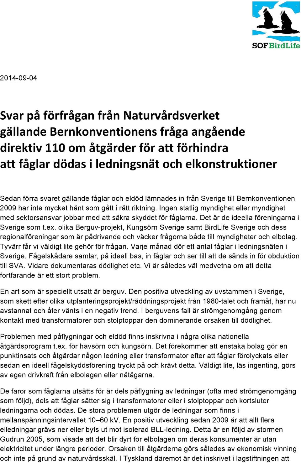 Ingen statlig myndighet eller myndighet med sektorsansvar jobbar med att säkra skyddet för fåglarna. Det är de ideella föreningarna i Sverige som t.ex.