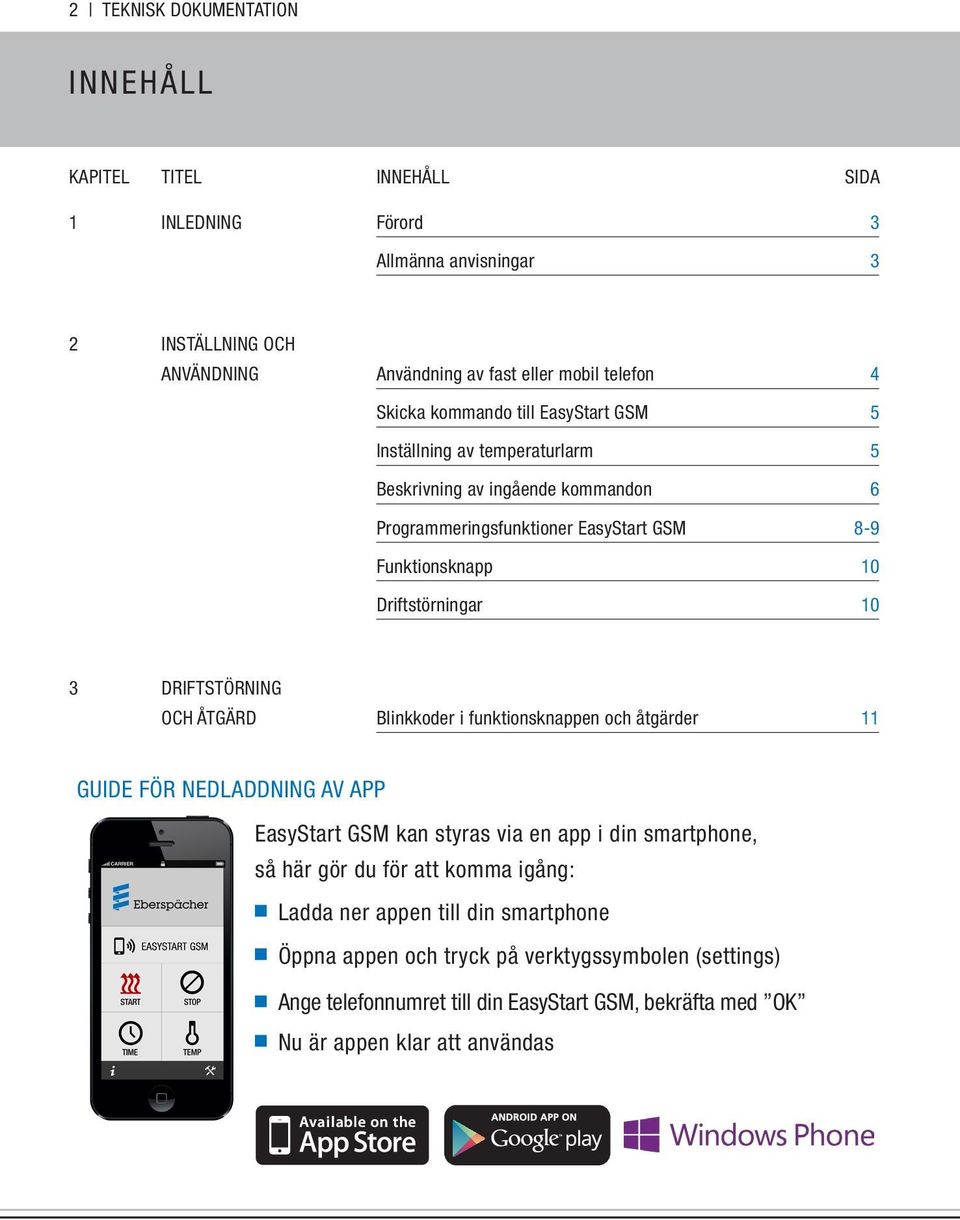 DRIFTSTÖRNING OCH ÅTGÄRD Blinkkoder i funktionsknappen och åtgärder 11 GUIDE FÖR NEDLADDNING AV APP EasyStart GSM kan styras via en app i din smartphone, så här gör du för att komma