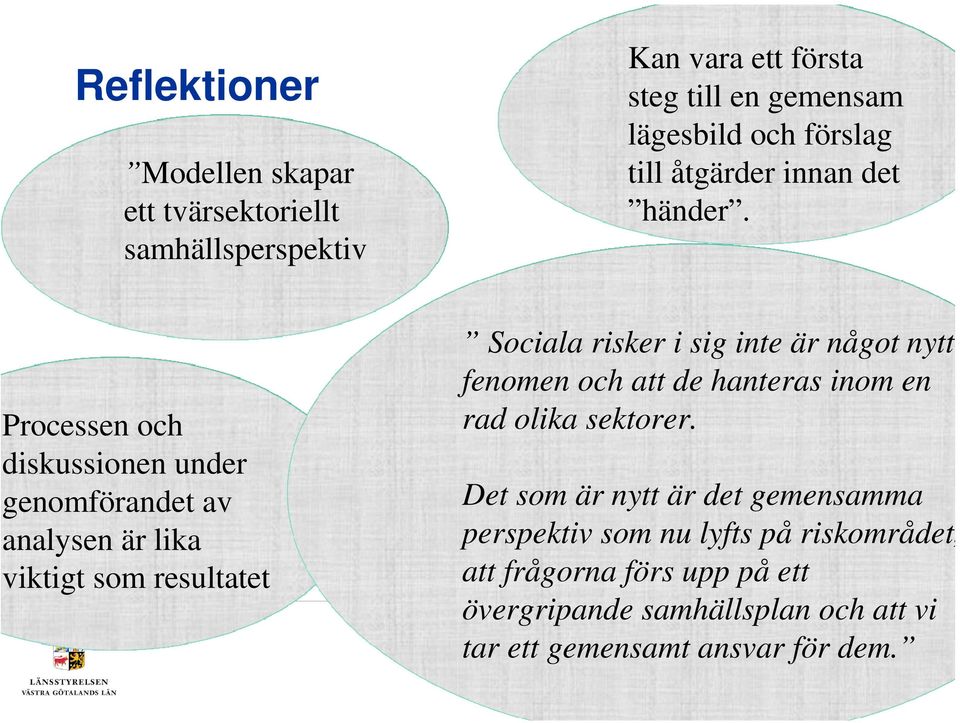 Processen och diskussionen under genomförandet av analysen är lika viktigt som resultatet Sociala risker i sig inte är något nytt