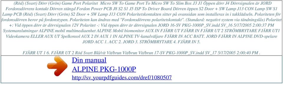 S1 J5 ISP To Driver Board Dörren öppen S2 Door + SW Lamp J13 CON Lamp SW S1 Lamp PCB (Röd) (Svart) Dörr (Grön) S2 Door + SW Lamp J13 CON Polaritetskontakten sitter på ovansidan som installeras in i