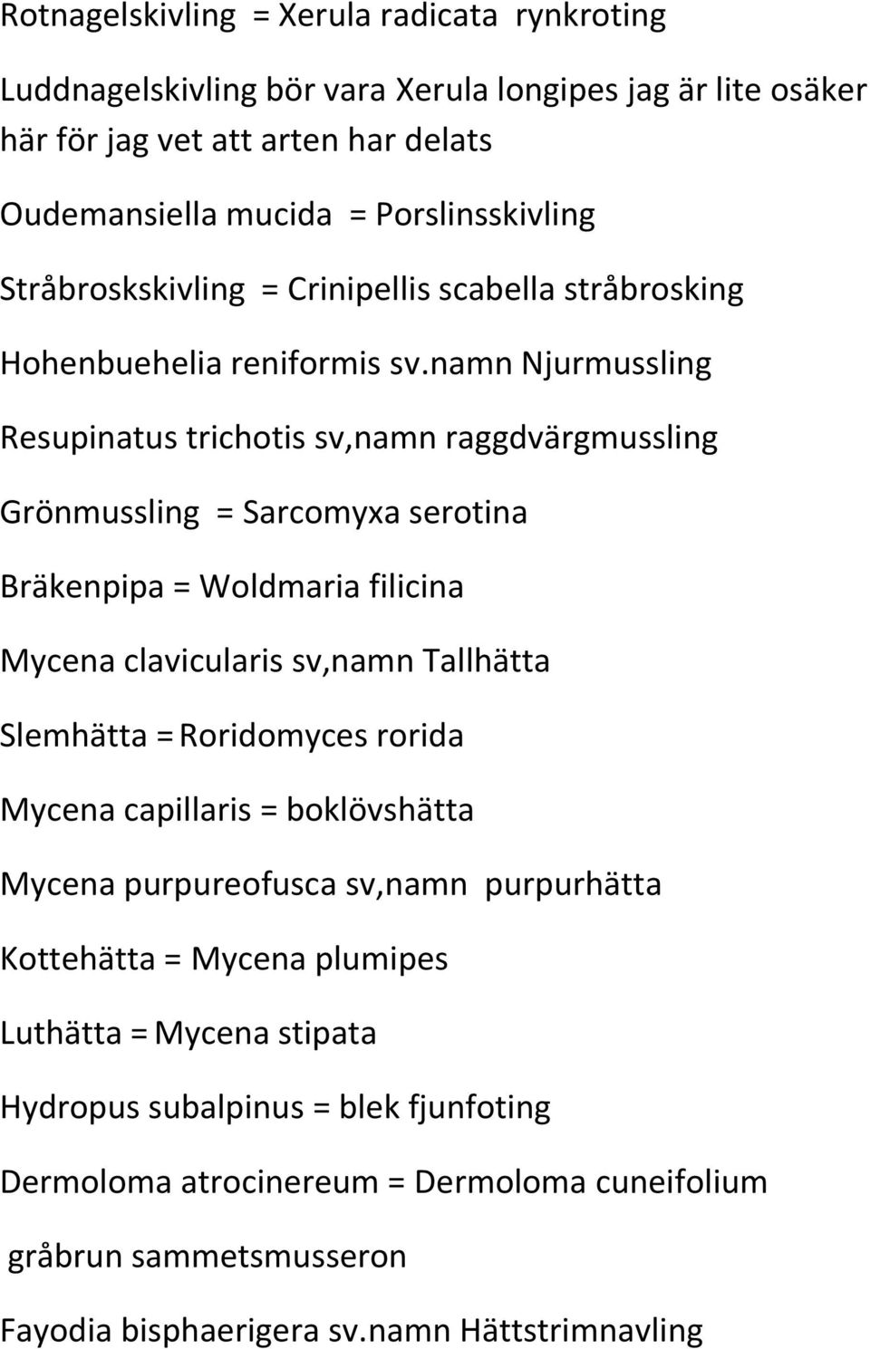 namn Njurmussling Resupinatus trichotis sv,namn raggdvärgmussling Grönmussling = Sarcomyxa serotina Bräkenpipa = Woldmaria filicina Mycena clavicularis sv,namn Tallhätta Slemhätta =