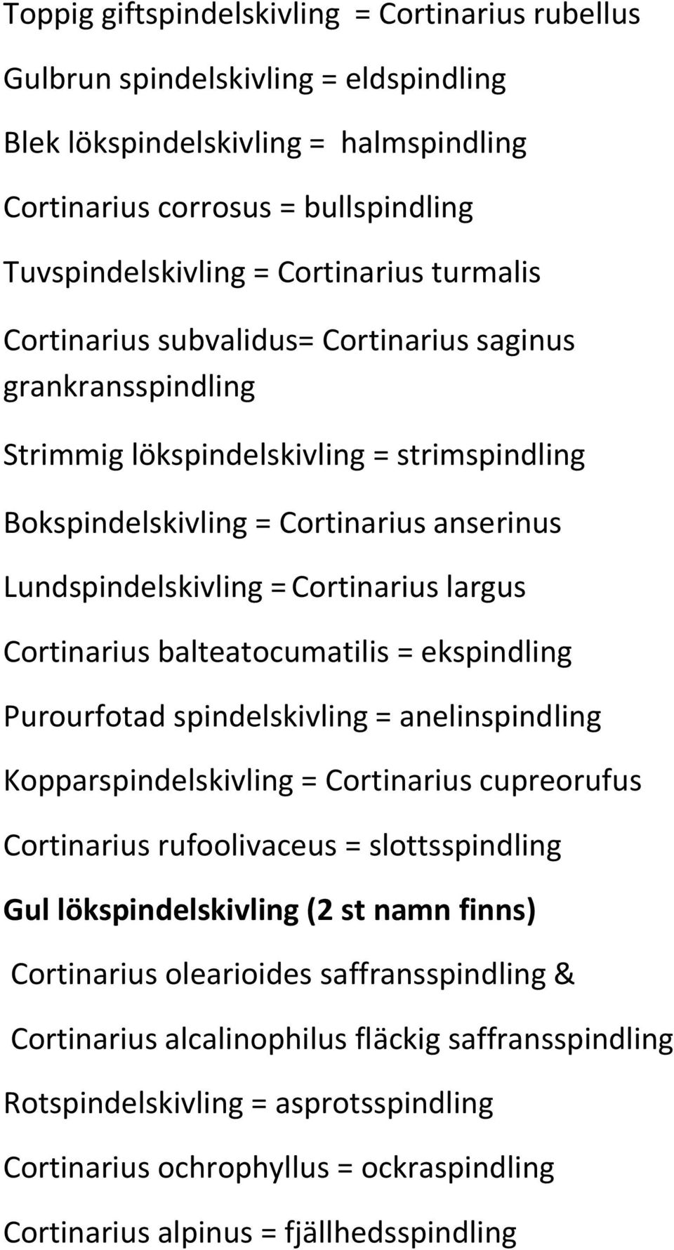 largus Cortinarius balteatocumatilis = ekspindling Purourfotad spindelskivling = anelinspindling Kopparspindelskivling = Cortinarius cupreorufus Cortinarius rufoolivaceus = slottsspindling Gul