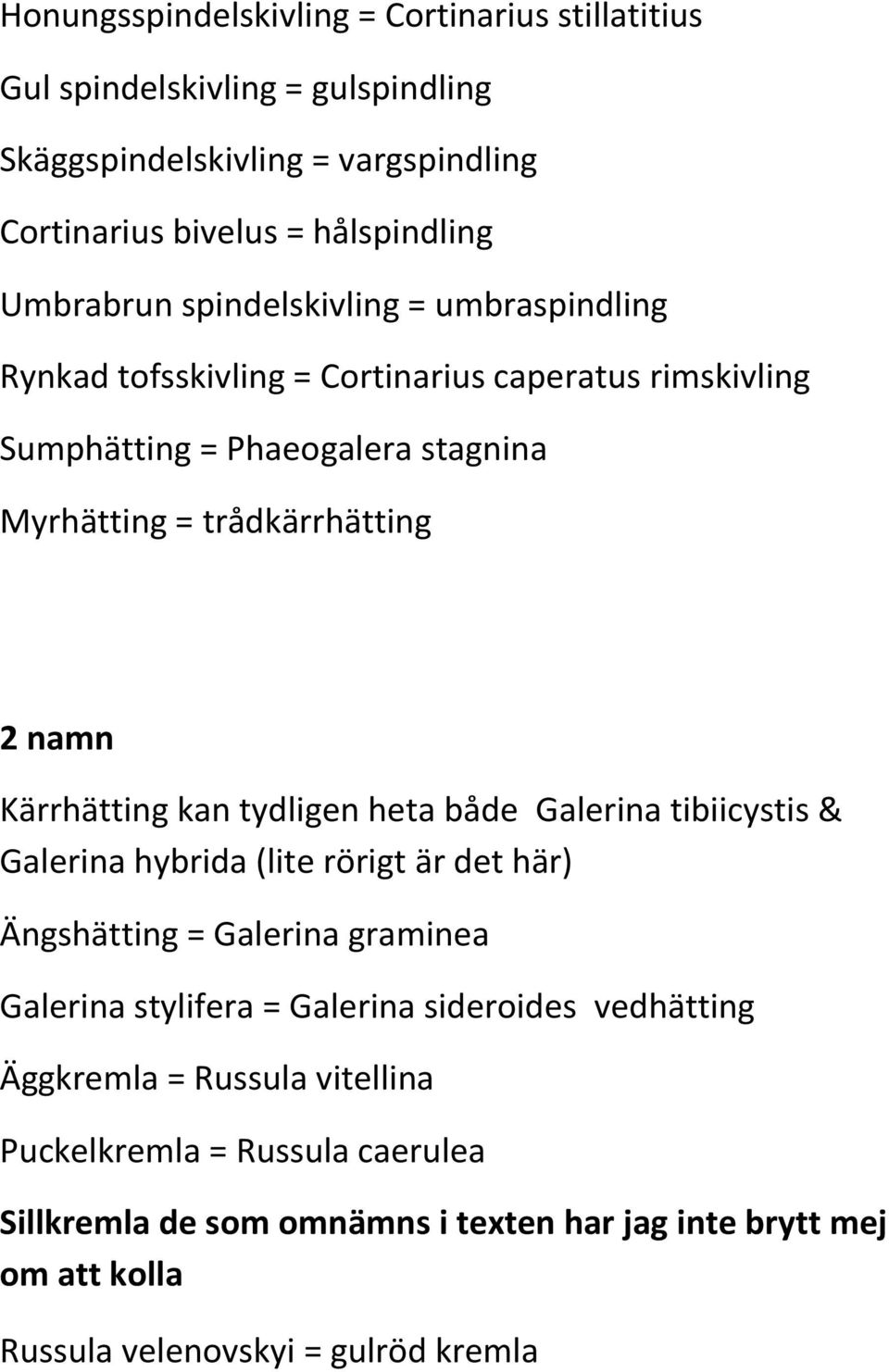 Kärrhätting kan tydligen heta både Galerina tibiicystis & Galerina hybrida (lite rörigt är det här) Ängshätting = Galerina graminea Galerina stylifera = Galerina