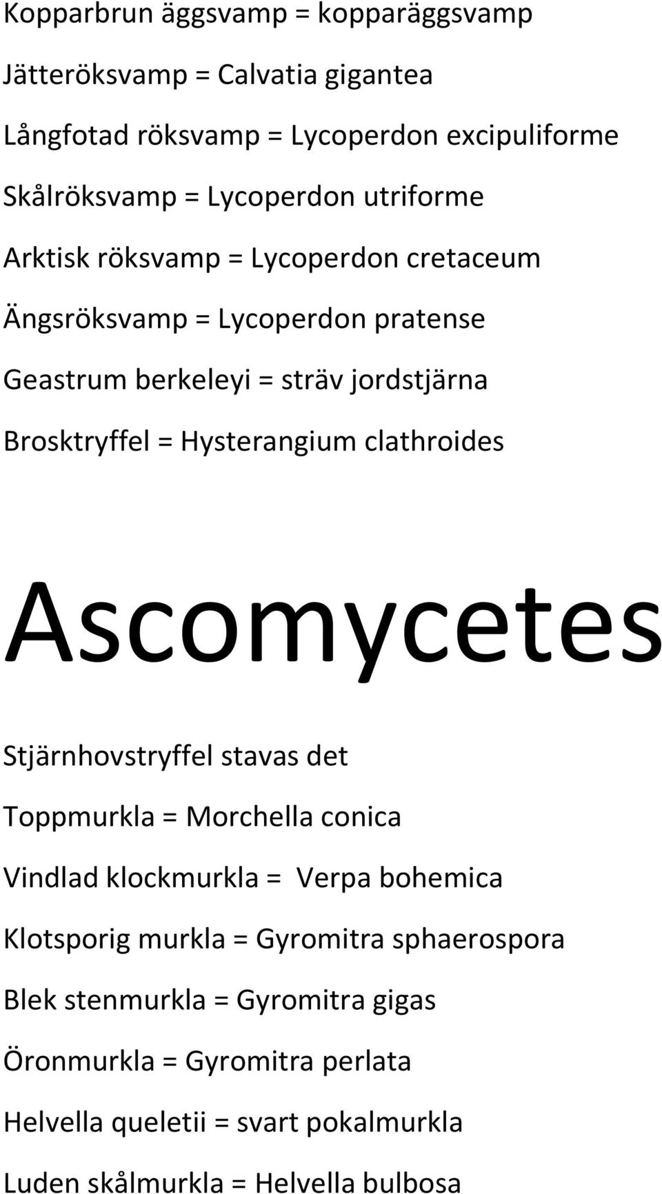 Hysterangium clathroides Ascomycetes Stjärnhovstryffel stavas det Toppmurkla = Morchella conica Vindlad klockmurkla = Verpa bohemica Klotsporig