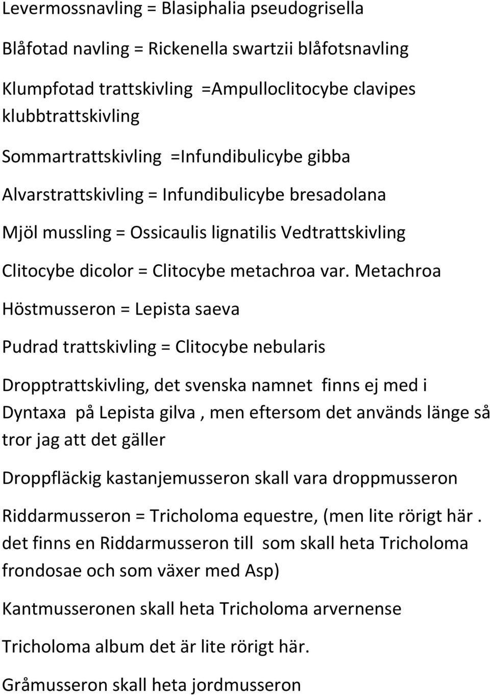 Metachroa Höstmusseron = Lepista saeva Pudrad trattskivling = Clitocybe nebularis Dropptrattskivling, det svenska namnet finns ej med i Dyntaxa på Lepista gilva, men eftersom det används länge så