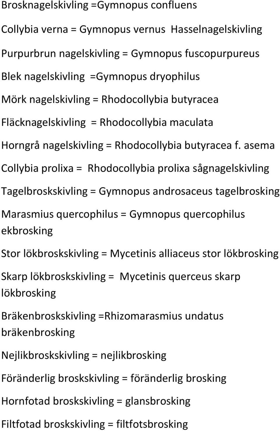asema Collybia prolixa = Rhodocollybia prolixa sågnagelskivling Tagelbroskskivling = Gymnopus androsaceus tagelbrosking Marasmius quercophilus = Gymnopus quercophilus ekbrosking Stor lökbroskskivling