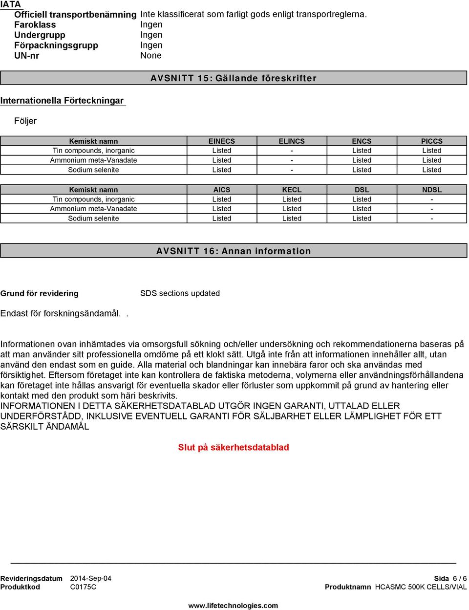 Listed Listed - Listed Listed Listed - Listed Listed Listed - AVSNITT 16: Annan information Grund för revidering SDS sections updated Endast för forskningsändamål.