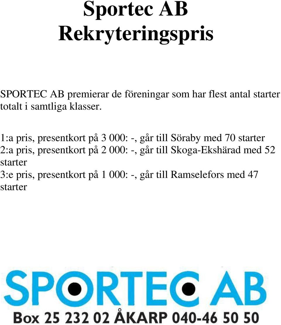 1:a pris, presentkort på 3 000: -, går till Söraby med 70 starter 2:a pris,