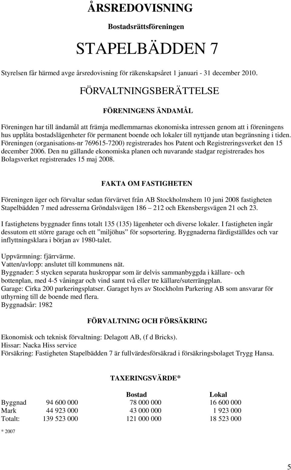 lokaler till nyttjande utan begränsning i tiden. Föreningen (organisations-nr 769615-7200) registrerades hos Patent och Registreringsverket den 15 december 2006.