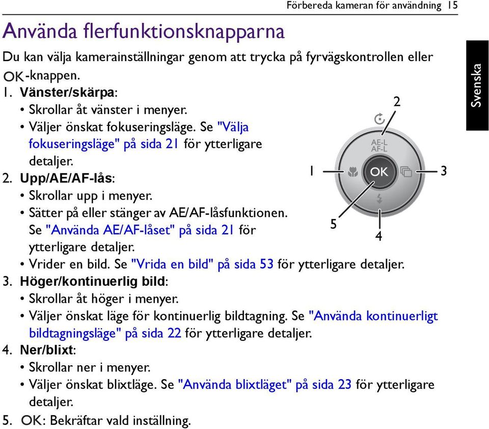 Se "Använda AE/AF-låset" på sida 21 för ytterligare detaljer. Vrider en bild. Se "Vrida en bild" på sida 53 för ytterligare detaljer. 3. Höger/kontinuerlig bild: Skrollar åt höger i menyer.