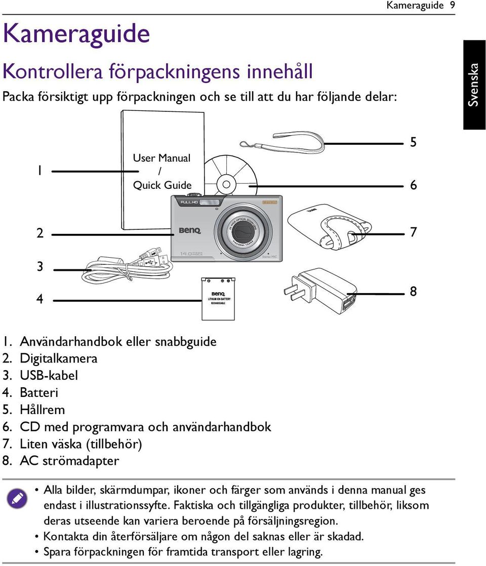AC strömadapter Alla bilder, skärmdumpar, ikoner och färger som används i denna manual ges endast i illustrationssyfte.
