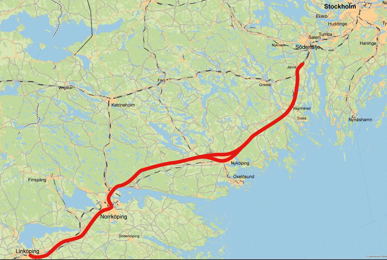 Ostlänken grenar av sig från stambanan i Gerstaberg strax norr om Järna I Nyköping delas Ostlänken i två grenar.