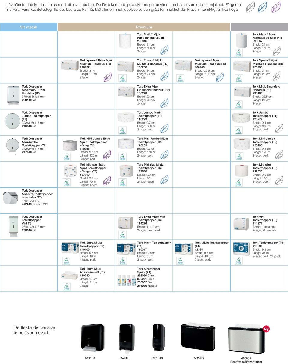 Vit metall Premium Tork Matic Mjuk 290016 Längd: 100 m Tork Matic Mjuk 290067 Längd: 150 m Tork Xpress Extra Mjuk 100297 Bredd: 34 cm 100288 Bredd: 34 cm 100289 Bredd: 25,5 cm Längd: 21,2 cm 120288
