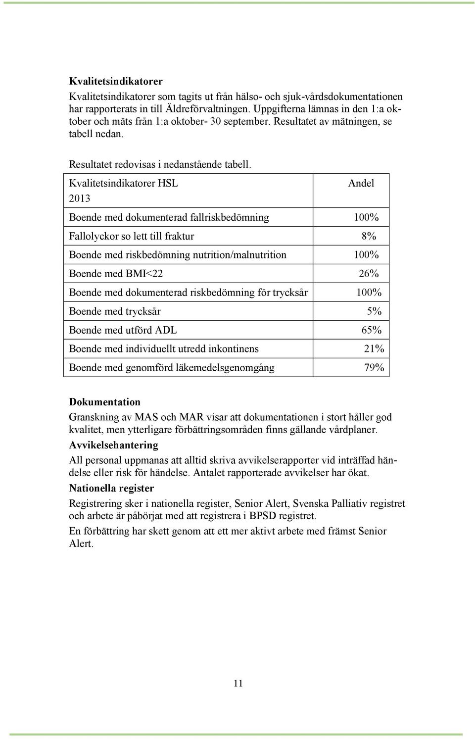 Kvalitetsindikatorer HSL 2013 Andel Boende med dokumenterad fallriskbedömning 100% Fallolyckor so lett till fraktur 8% Boende med riskbedömning nutrition/malnutrition 100% Boende med BMI<22 26%