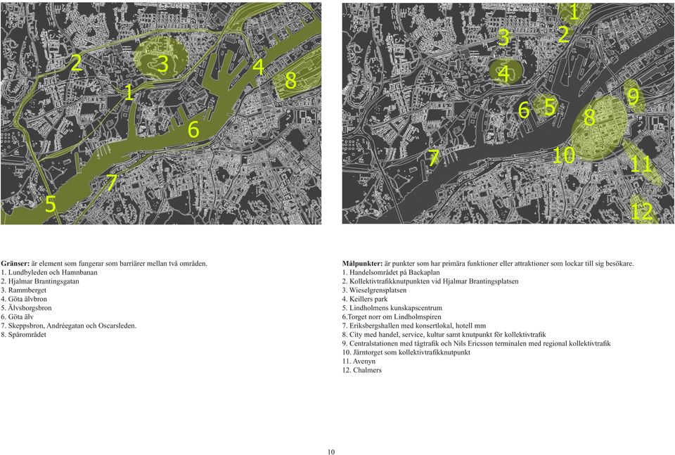 Handelsområdet på Backaplan 2. Kollektivtrafikknutpunkten vid Hjalmar Brantingsplatsen 3. Wieselgrensplatsen 4. Keillers park 5. Lindholmens kunskapscentrum 6.Torget norr om Lindholmspiren 7.