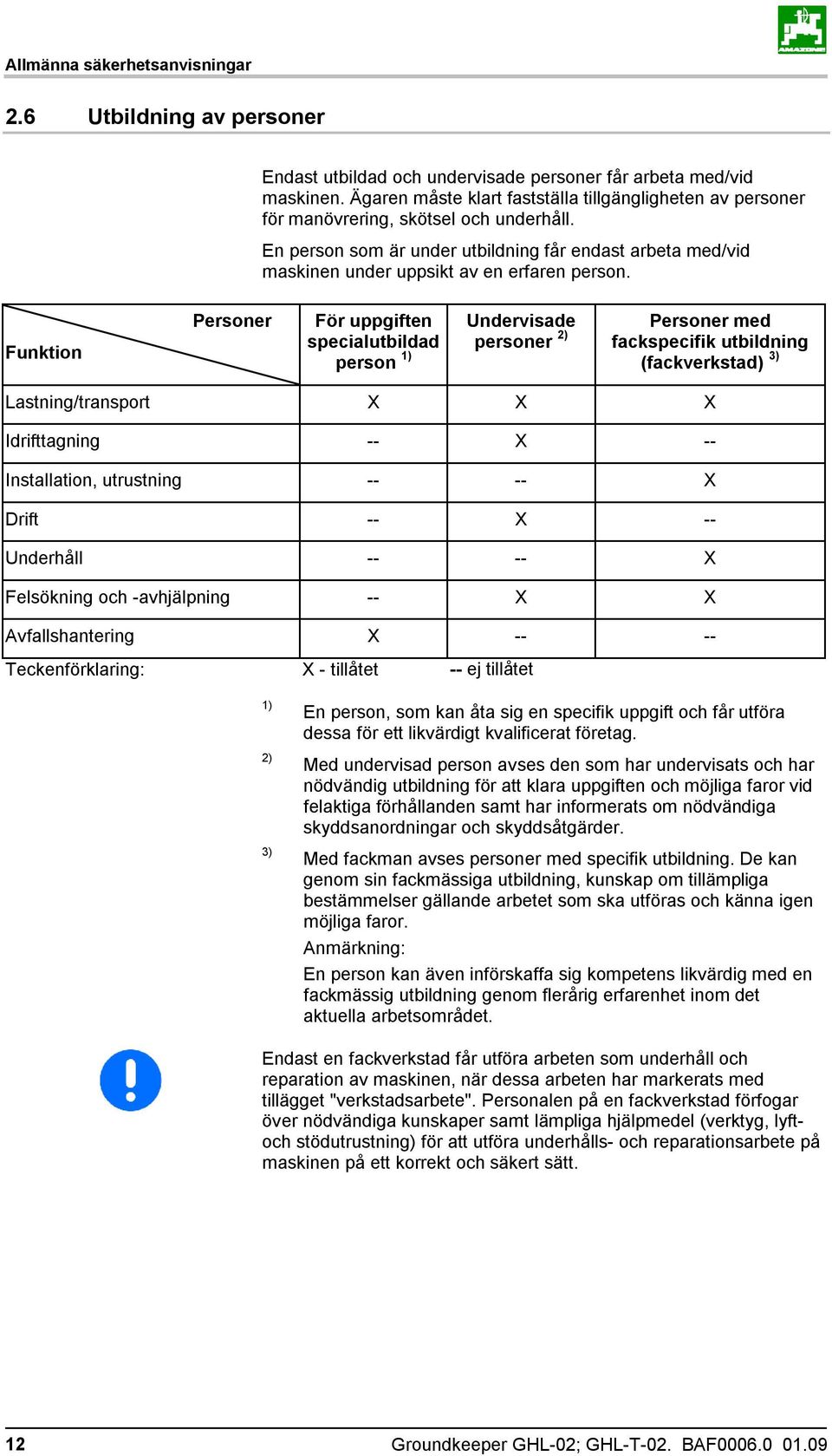 En person som är under utbildning får endast arbeta med/vid maskinen under uppsikt av en erfaren person.