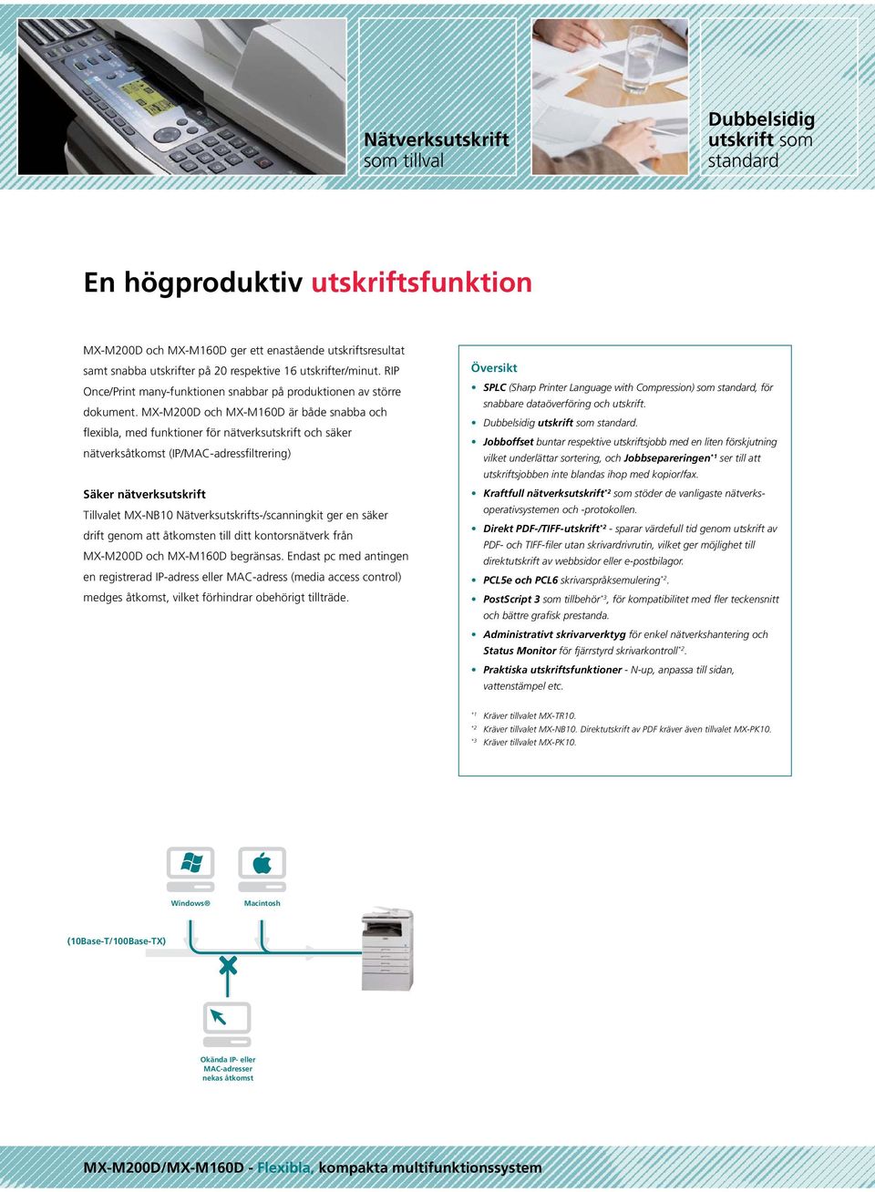 MX-M200D och MX-M60D är både snabba och flexibla, med funktioner för nätverksutskrift och säker nätverksåtkomst (IP/MAC-adressfiltrering) Säker nätverksutskrift Tillvalet MX-NB0