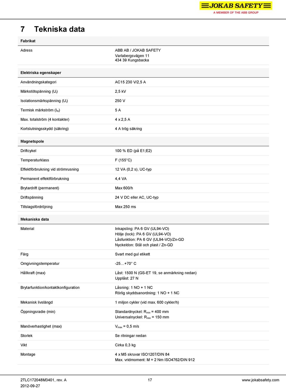 totalström (4 kontakter) Kortslutningsskydd (säkring) AC15 230 V/2,5 A 2,5 kv 250 V 5 A 4 x 2,5 A 4 A trög säkring Magnetspole Driftcykel Temperaturklass Effektförbrukning vid strömrusning Permanent