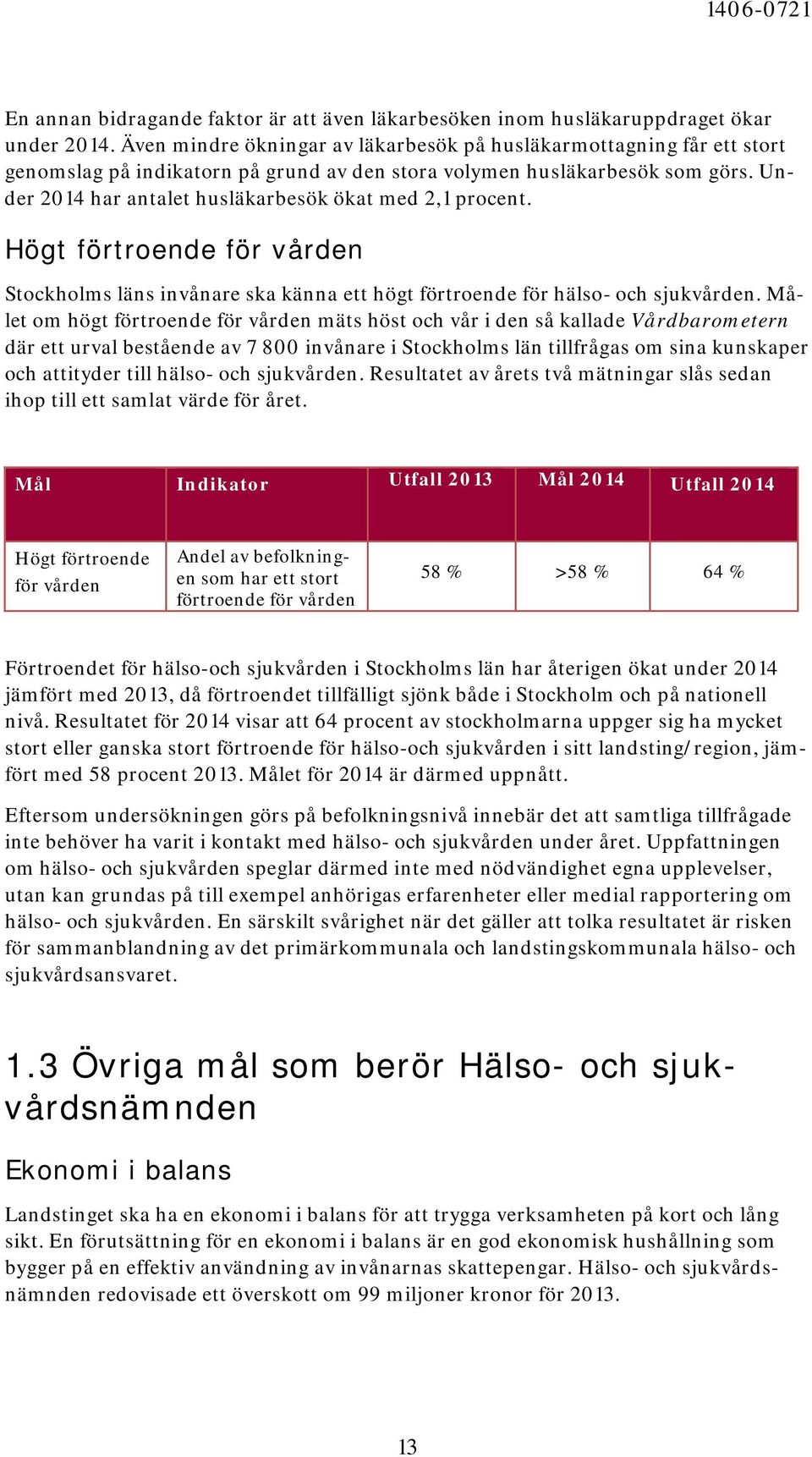 Under 2014 har antalet husläkarbesök ökat med 2,1 procent. Högt förtroende för vården Stockholms läns invånare ska känna ett högt förtroende för hälso- och sjukvården.