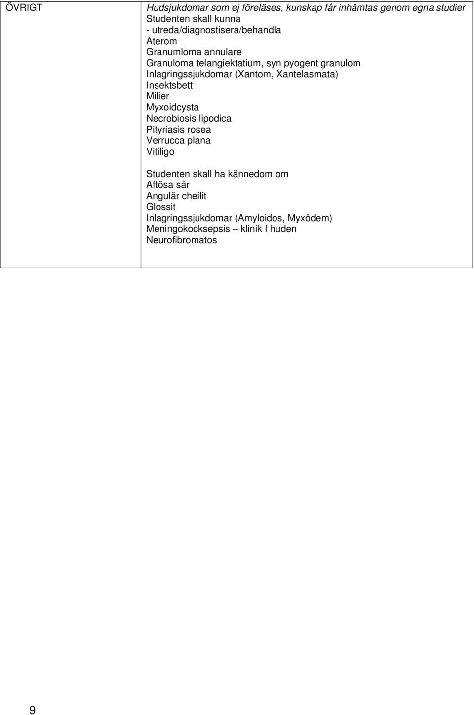 Xantelasmata) Insektsbett Milier Myxoidcysta Necrobiosis lipodica Pityriasis rosea Verrucca plana Vitiligo
