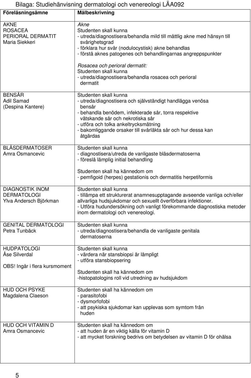 utreda/diagnostisera/behandla rosacea och perioral dermatit BENSÅR Adil Samad (Despina Kantere) BLÅSDERMATOSER Amra Osmancevic - utreda/diagnostisera och självständigt handlägga venösa bensår -