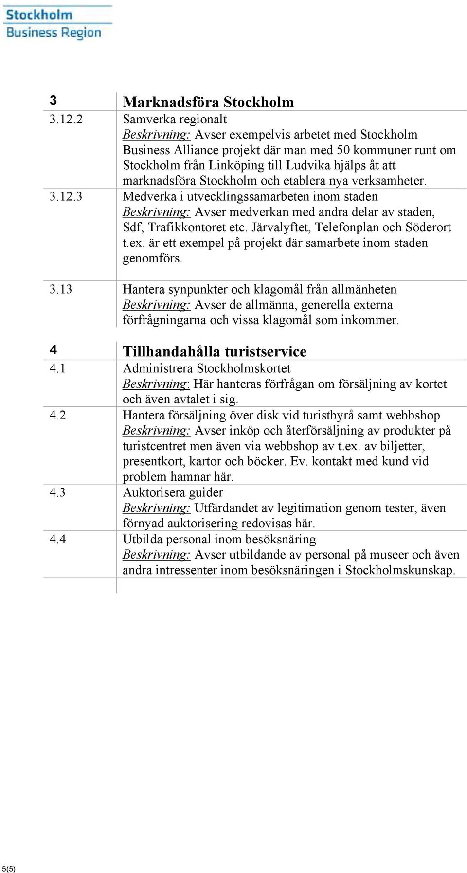 Stockholm och etablera nya verksamheter. 3.12.3 Medverka i utvecklingssamarbeten inom staden Beskrivning: Avser medverkan med andra delar av staden, Sdf, Trafikkontoret etc.