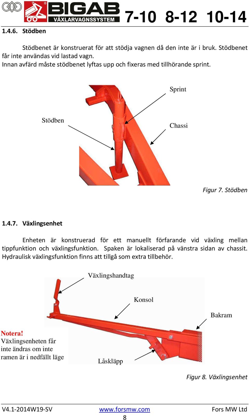Stödben 1.4.7. Växlingsenhet Enheten är konstruerad för ett manuellt förfarande vid växling mellan tippfunktion och växlingsfunktion.