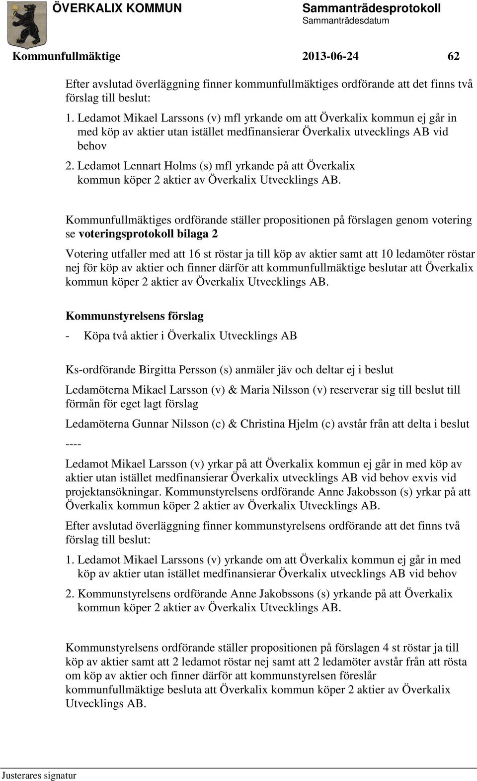 Ledamot Lennart Holms (s) mfl yrkande på att Överkalix kommun köper 2 aktier av Överkalix Utvecklings AB.