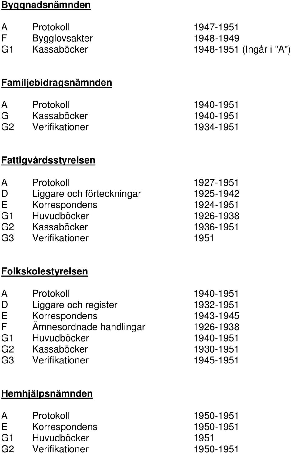 1936-1951 G3 Verifikationer 1951 Folkskolestyrelsen A Protokoll 1940-1951 D Liggare och register 1932-1951 E Korrespondens 1943-1945 F Ämnesordnade handlingar 1926-1938 G1