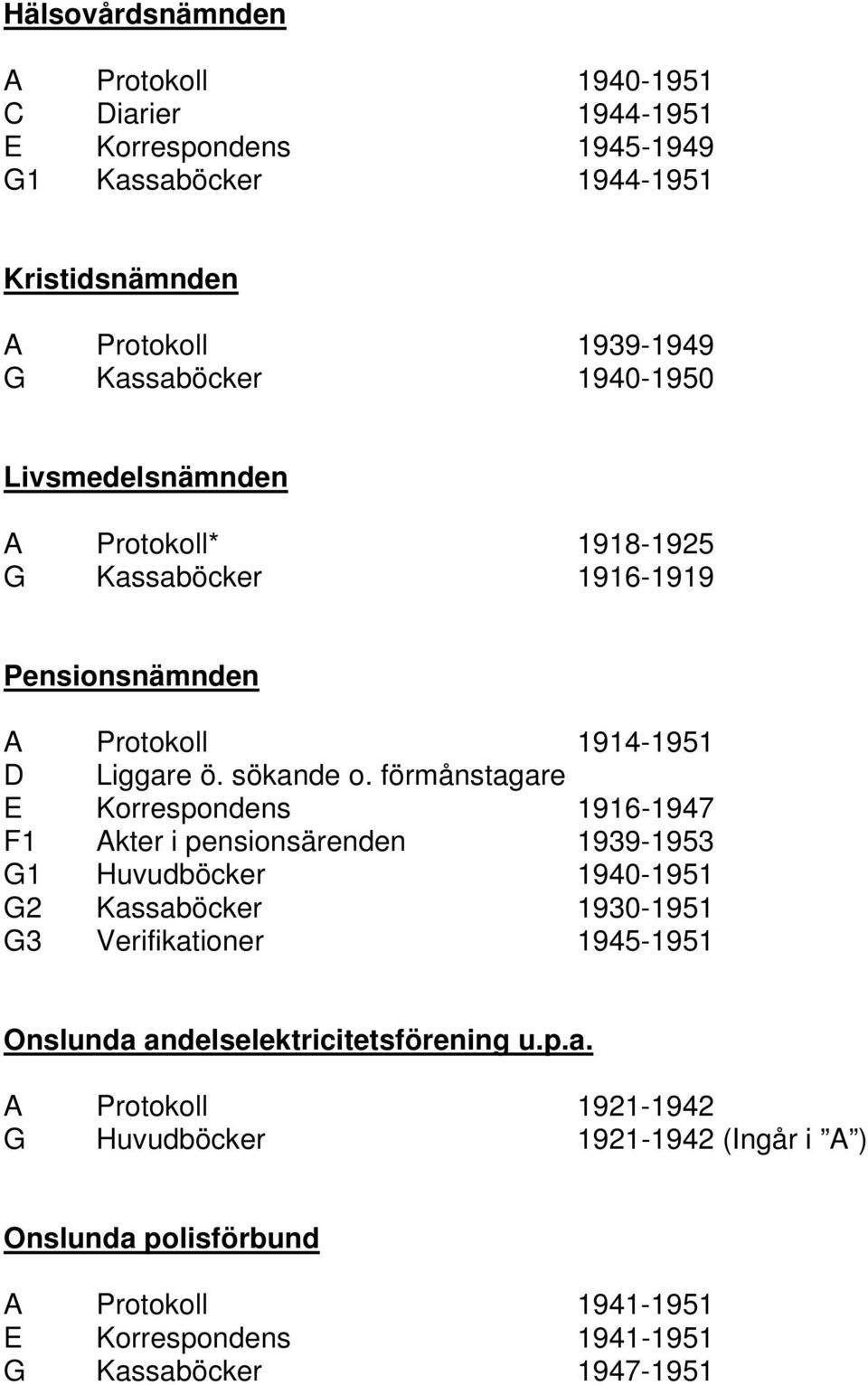 förmånstagare E Korrespondens 1916-1947 F1 Akter i pensionsärenden 1939-1953 G1 Huvudböcker 1940-1951 G2 Kassaböcker 1930-1951 G3 Verifikationer 1945-1951