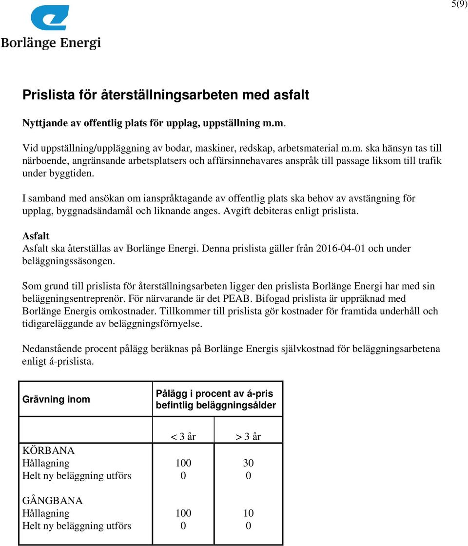 Asfalt Asfalt ska återställas av Borlänge Energi. Denna prislista gäller från 2016-04-01 och under beläggningssäsongen.