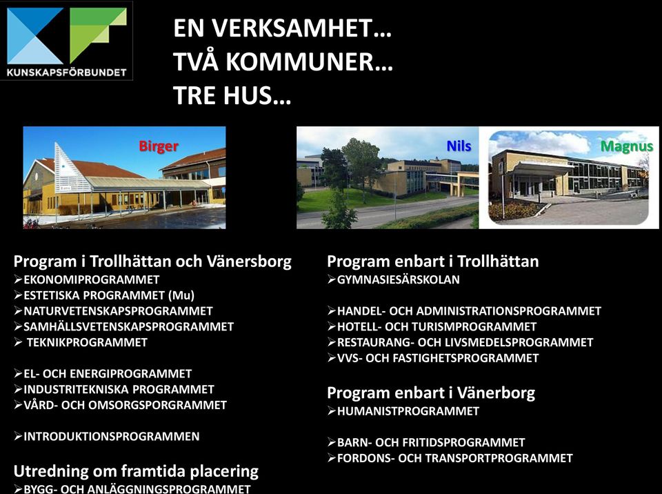 framtida placering BYGG- OCH ANLÄGGNINGSPROGRAMMET Program enbart i Trollhättan GYMNASIESÄRSKOLAN HANDEL- OCH ADMINISTRATIONSPROGRAMMET HOTELL- OCH TURISMPROGRAMMET