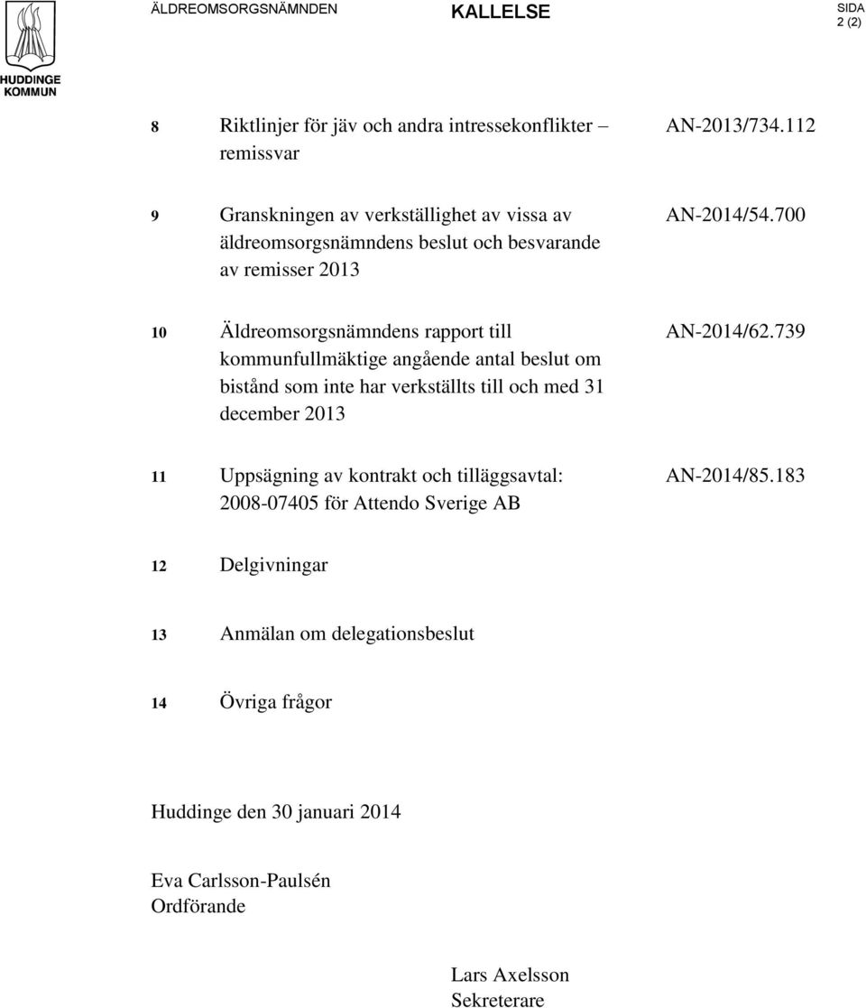 700 10 Äldreomsorgsnämndens rapport till kommunfullmäktige angående antal beslut om bistånd som inte har verkställts till och med 31 december 2013 AN-2014/62.