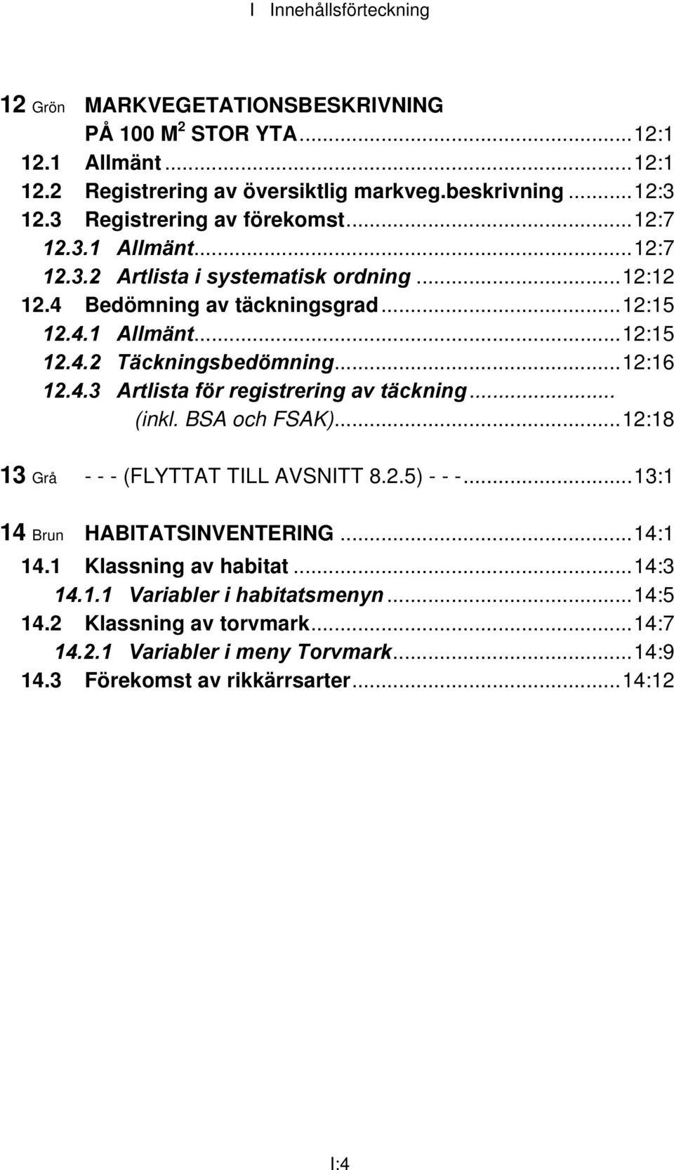 .. 12:16 12.4.3 Artlista för registrering av täckning... (inkl. BSA och FSAK)... 12:18 13 Grå - - - (FLYTTAT TILL AVSNITT 8.2.5) - - -... 13:1 14 Brun HABITATSINVENTERING... 14:1 14.