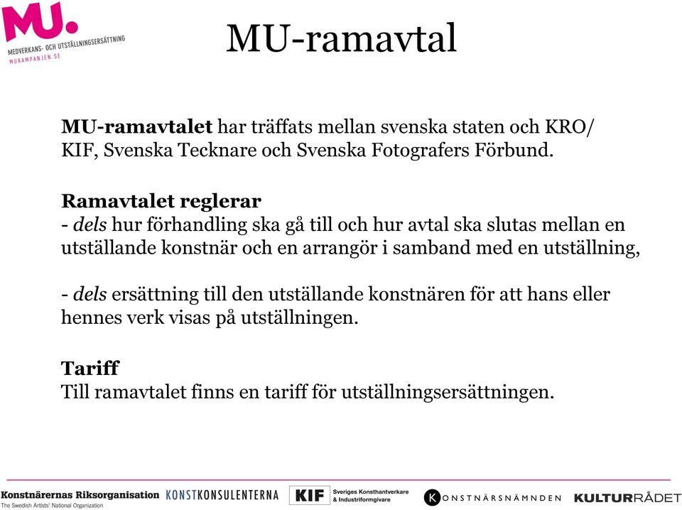 Ramavtalet reglerar - dels hur förhandling ska gå till och hur avtal ska slutas mellan en utställande konstnär